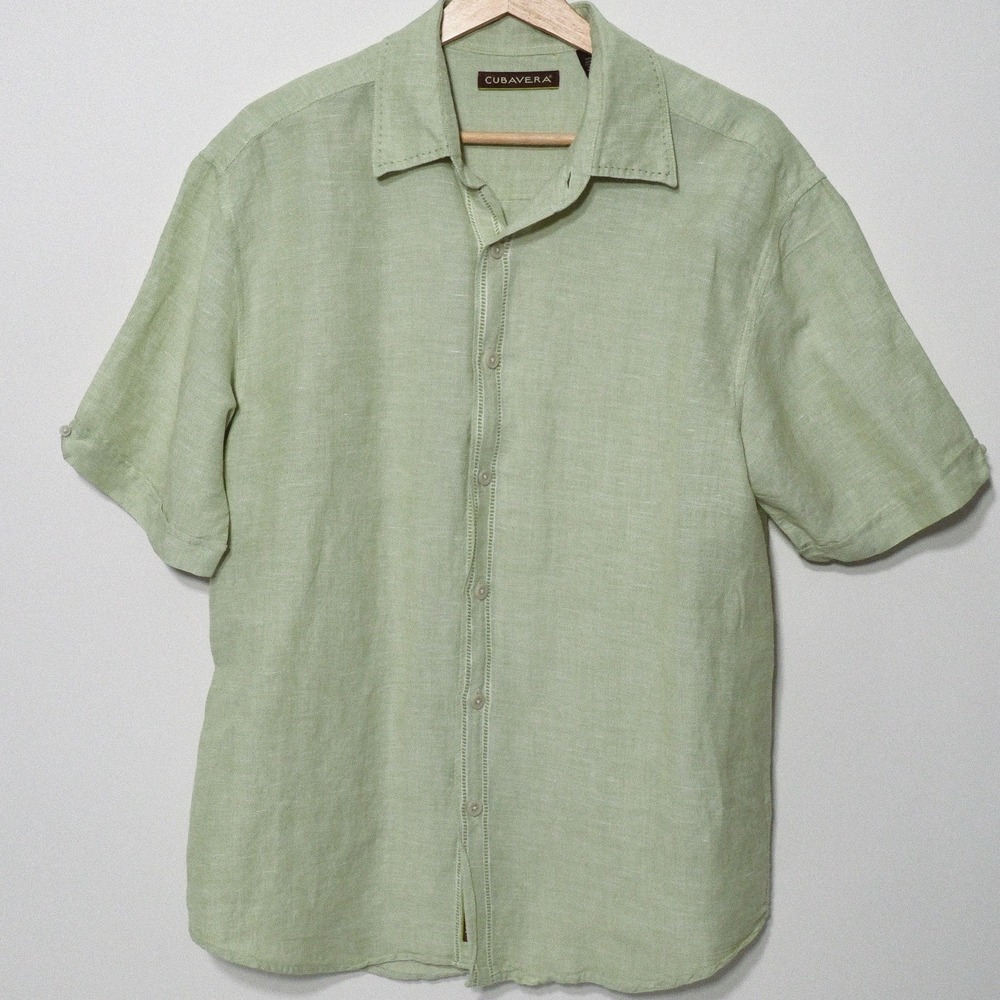 Cubavera 100% Linen Sage Green Button Up Short Sleeve Shirt Mens Medium